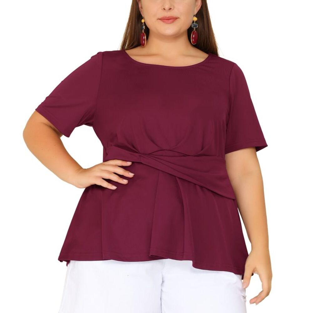 Women's Plus Size Short Sleeves Twisted Knot Front Peplum Tops Burgundy